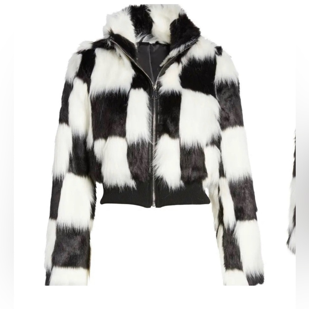 Azalea Wang Black and White checkerboard Formula Faux Fur Jacket. Size s